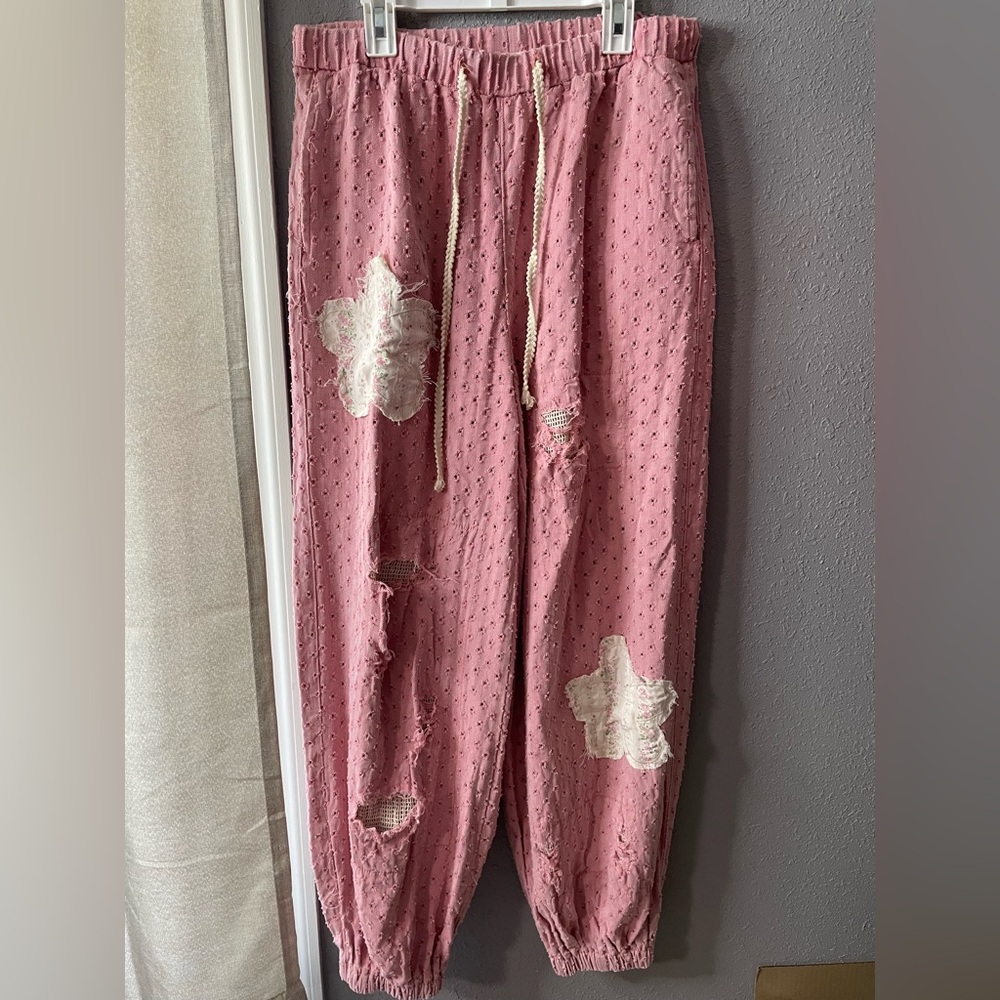 POL Pink Distressed Jogger Pants with White Patch Details